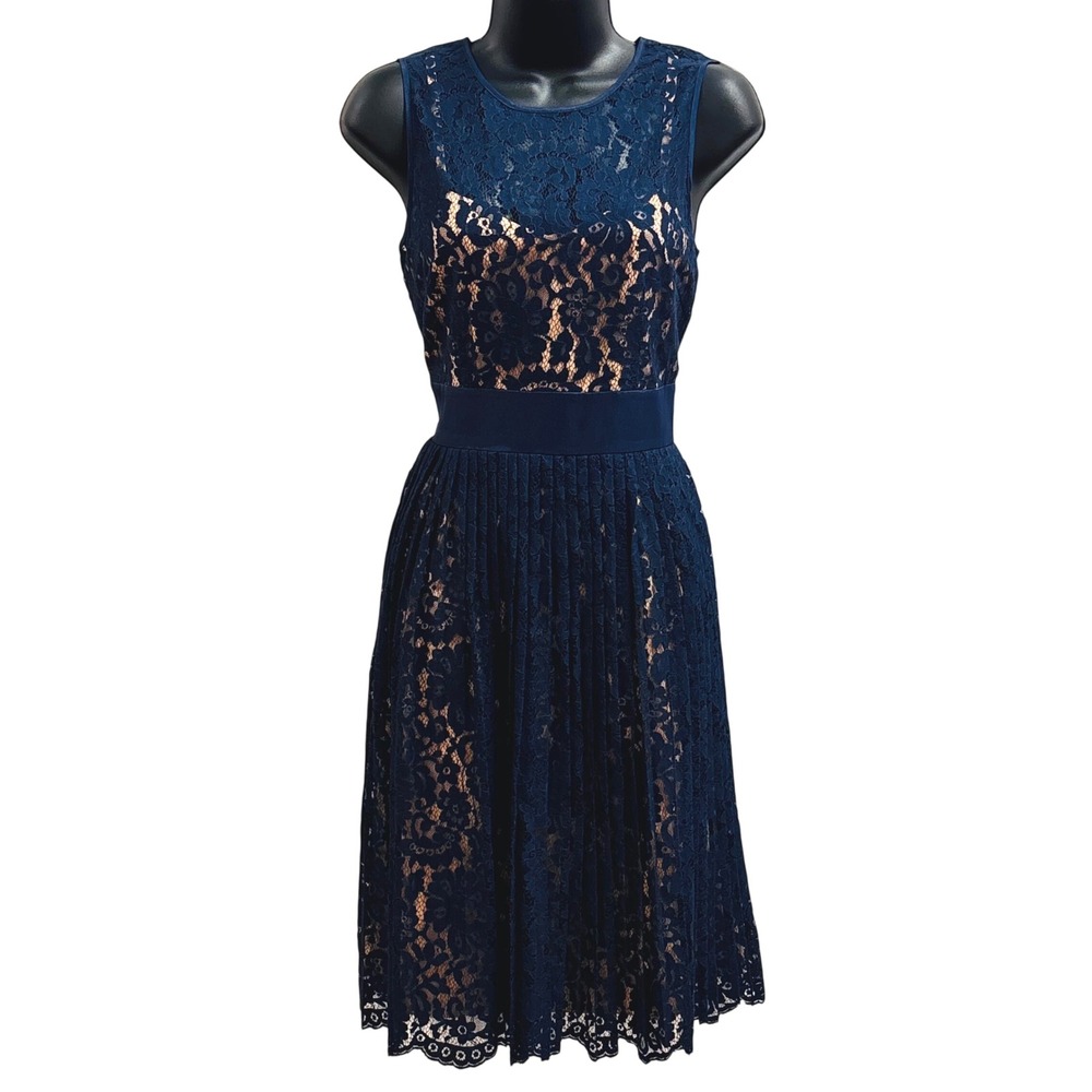 Eliza J Navy Blue Floral Lace Pleated Fit and Flare Dress Size 6 Wedding Guest